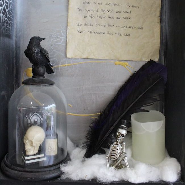 Altar project 2017 example (crow, black feather, skulls)