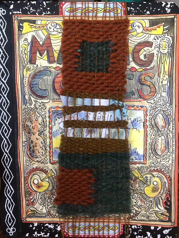 brown, black, and dark red weaving over busy-design book cover