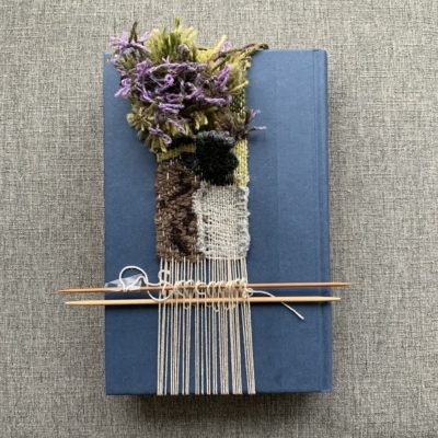 purple, green, white, and brown weaving over blue hardcover Outlander