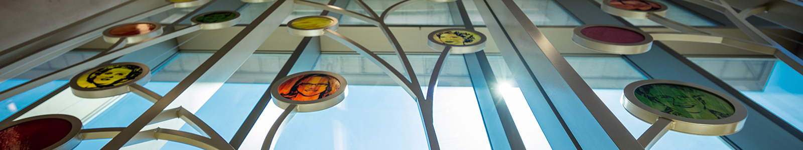 Close-up, looking upward at the 100 Woman Wall of Honor at the School of Human Ecology.