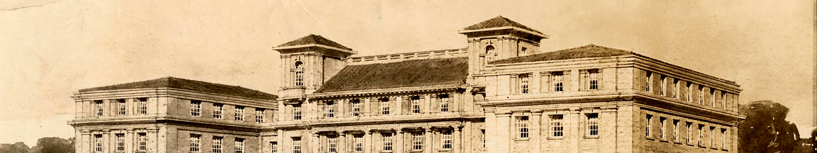 Drawing of the plan for the original School of Human Ecology building in 1914 on aged, yellowish paper.
