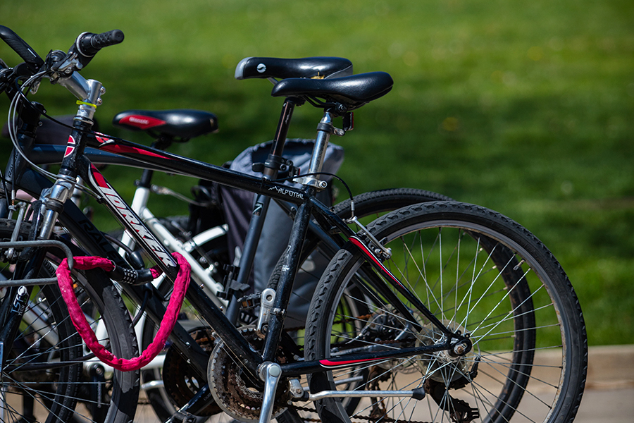 Multiple bikes lined up with green grass in the background.
