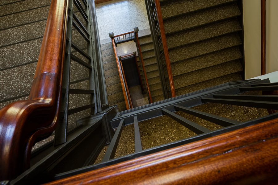 Looking down several flights of winding stairs at Nancy Nicholas Hall.