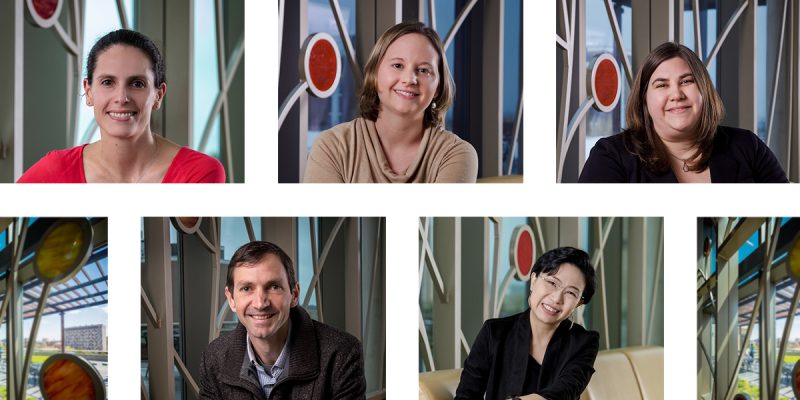 Headshot portrait of Dr. Sarah Halpern-Meekin, Dr. Sigan Hartley, Dr. Heather Kirkorian, Dr. Cliff Robb, and Dr. Jung-hye Shin