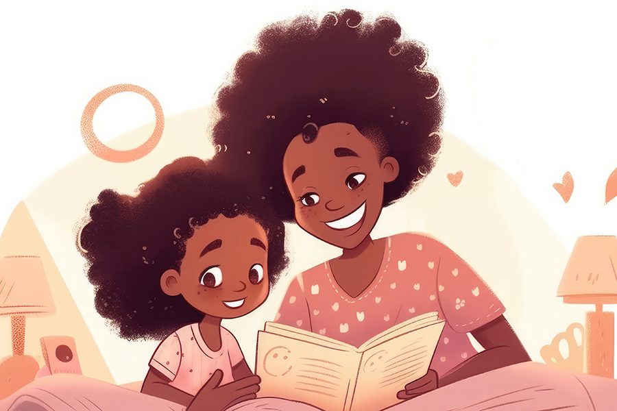 An whimsical illustration of a Black mother reading to her child.