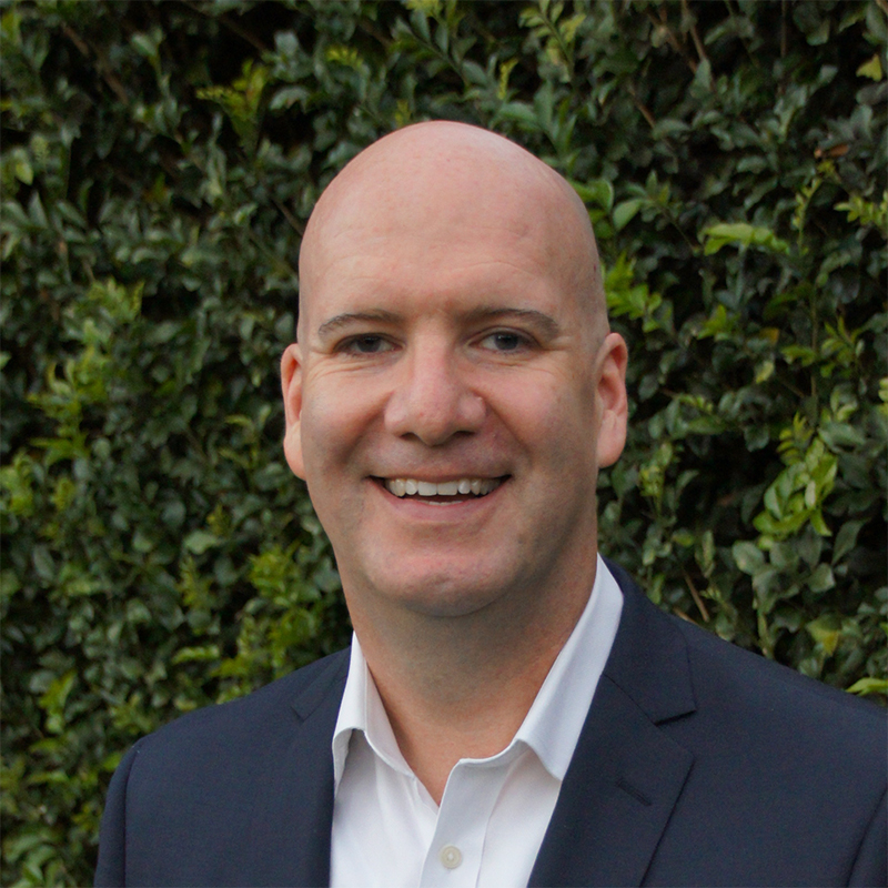 Bald white man smiling, wearing a dark navy blue suit with a white pocket square, standing in front of a lush green hedge.