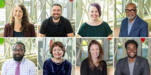 Square grid compilation of eight headshot photos of School of Human Ecology faculty.