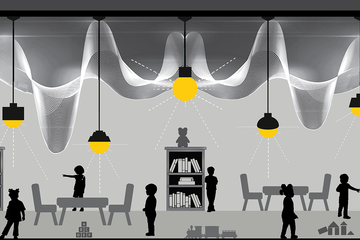 A black-and-white graphic showing preschoolers in a classroom with bright lights and varying audio waves overhead.