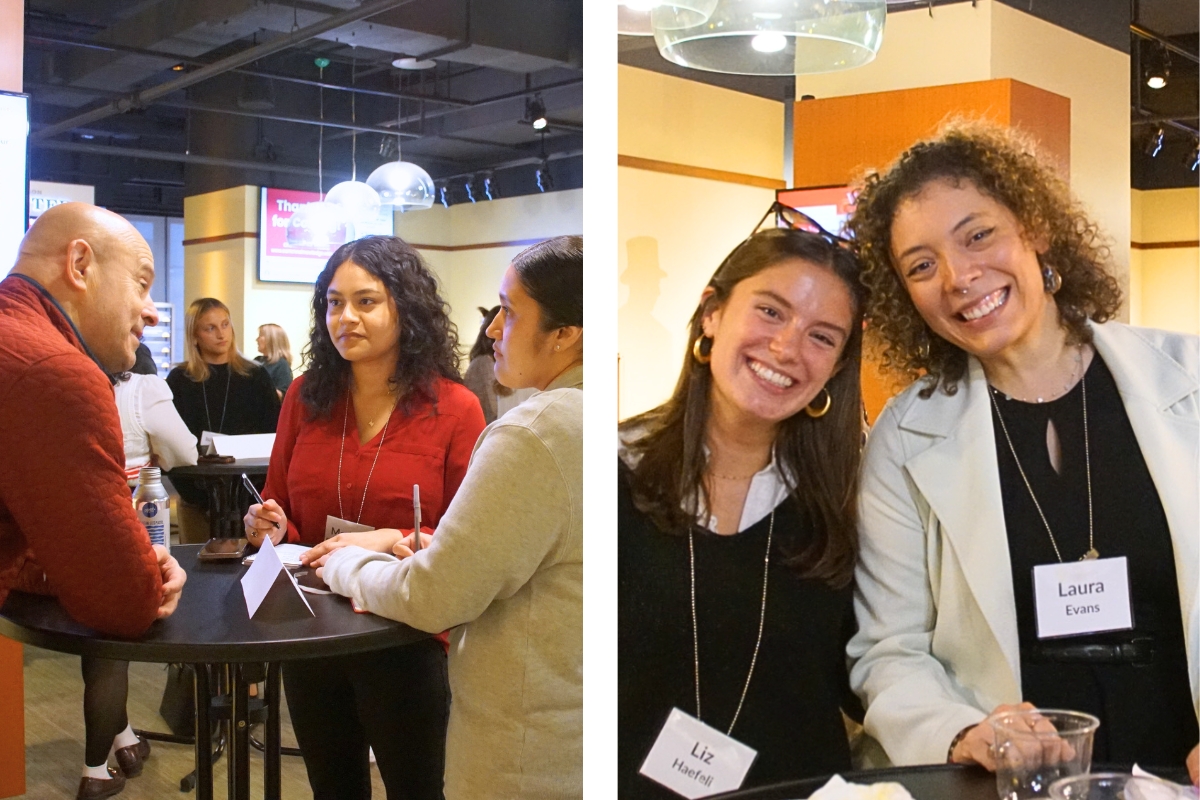 Photo on the left is a group of three people networking around a table with others in the background. Photo on the right is two networking participants smiling at the camera together.