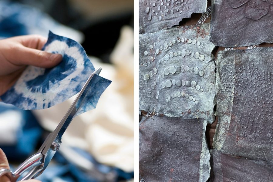 Left image: Hands cutting off a small piece of cloth with a scissors. Right side: Handmade paper.