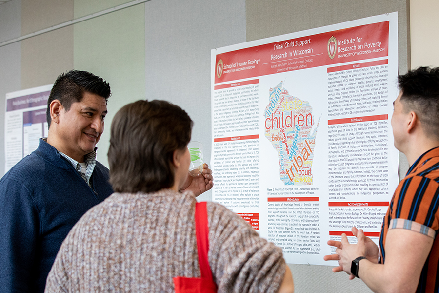 Three graduate students smile, gathered around a research poster about Tribal Child Support. A state of Wisconsin-shaped graphic is in the center, made up of different colored and different sized words, such as children, tribal, and indian.