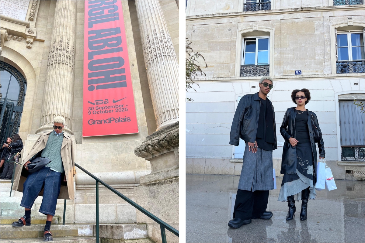 Two photos. Left: G on a staircase next to the Virgil Abloh exhibition banner. Right: G and Trinity standing side by side.