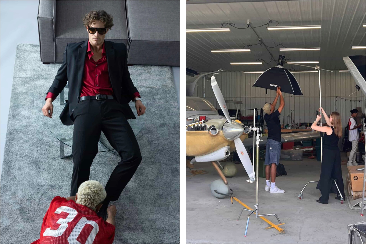 Two photos of G behind the scenes of productions. Left: G adjusts the foot of a model who is wearing sun glasses and a suit. Right: G adjusts lighting on the set with an airplane.