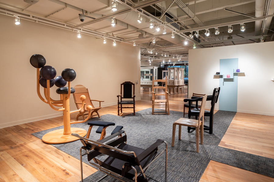 A collection of chairs on display.
