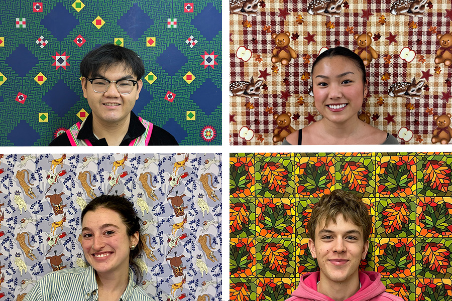 A quadrant of four photos, each with a student smiling with their own, creative wallpaper designs behind them.